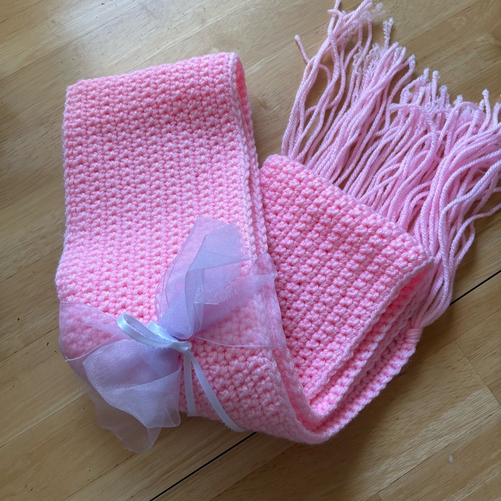 Handmade Pink Crochet Scarf with Fringe